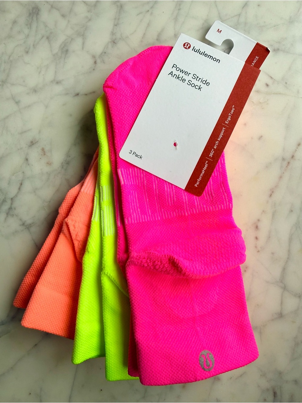 Lululemon Power Stride Ankle Socks - Neon Pink, Lime, Coral (3-Pack)